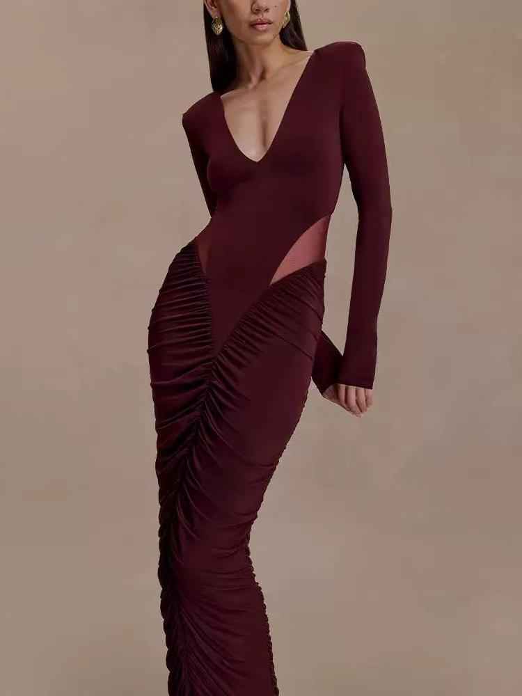 Mesh Cutout Ruched Long Sleeve Maxi Dress