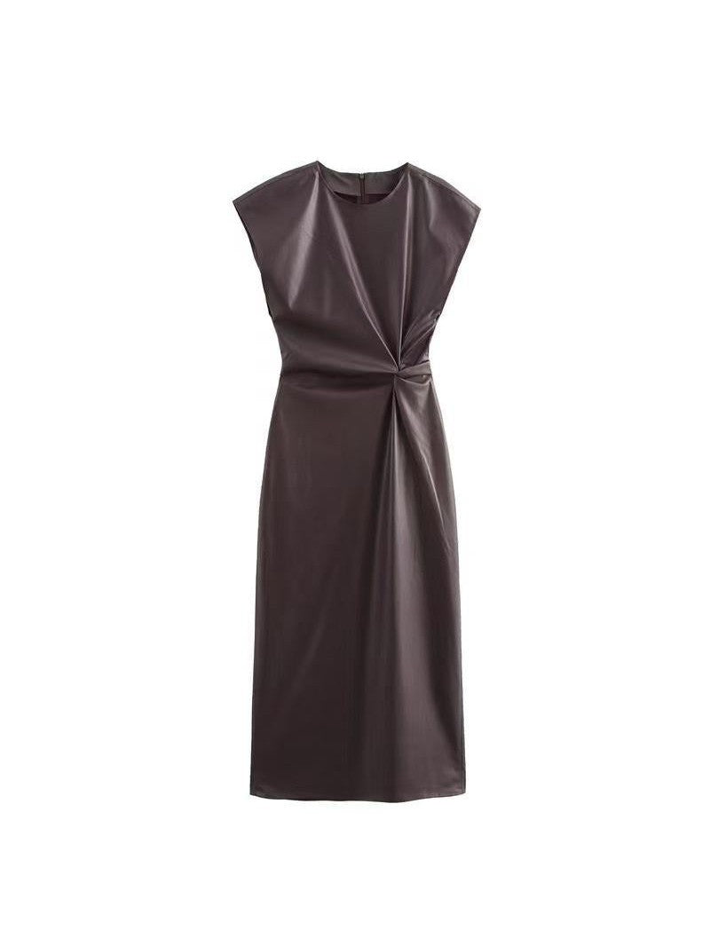 PU Leather Ruched Midi Dress