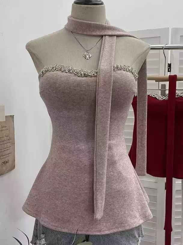 Crystal Trim Halter Peplum Top