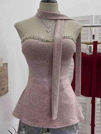 Crystal Trim Halter Peplum Top