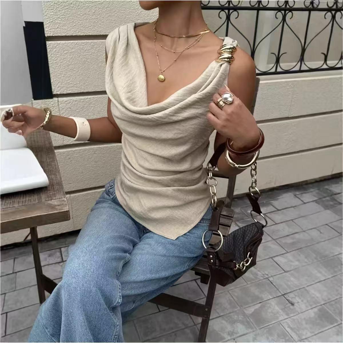 Shell Cowl Neck Top, beige sleeveless with draped neckline on sale
