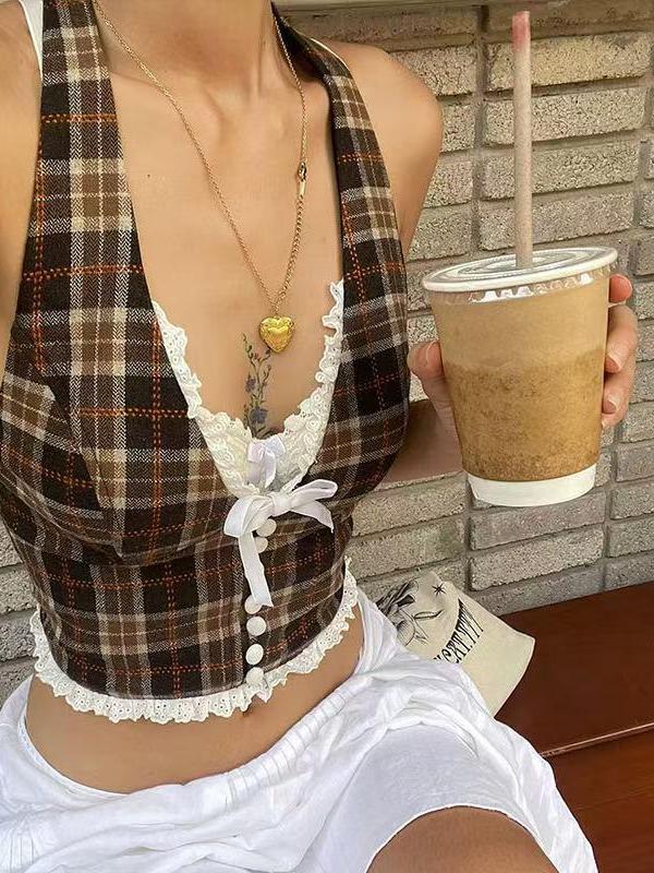 Deep Halter Neck Lace Gingham Top