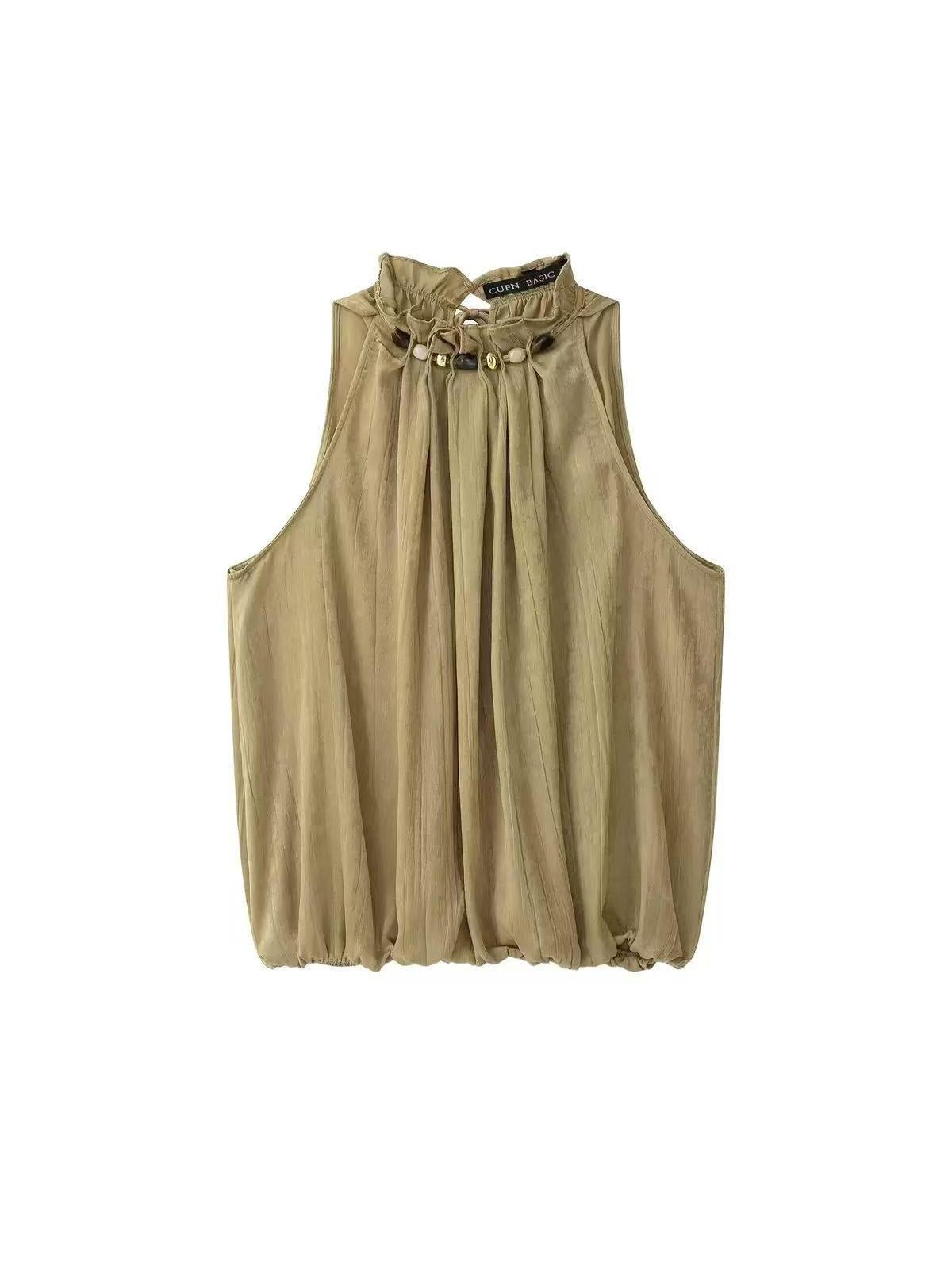Ayla Gathered High-Neck Sleeveless Top by EXCLUSIVES; beige satin blouse with draped front pleats