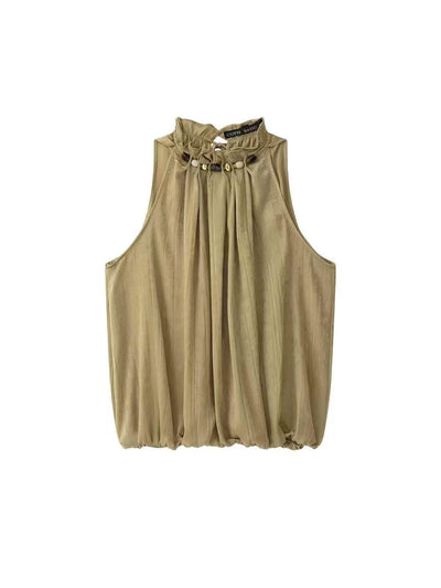 Ayla Gathered High-Neck Sleeveless Top by EXCLUSIVES; beige satin blouse with draped front pleats