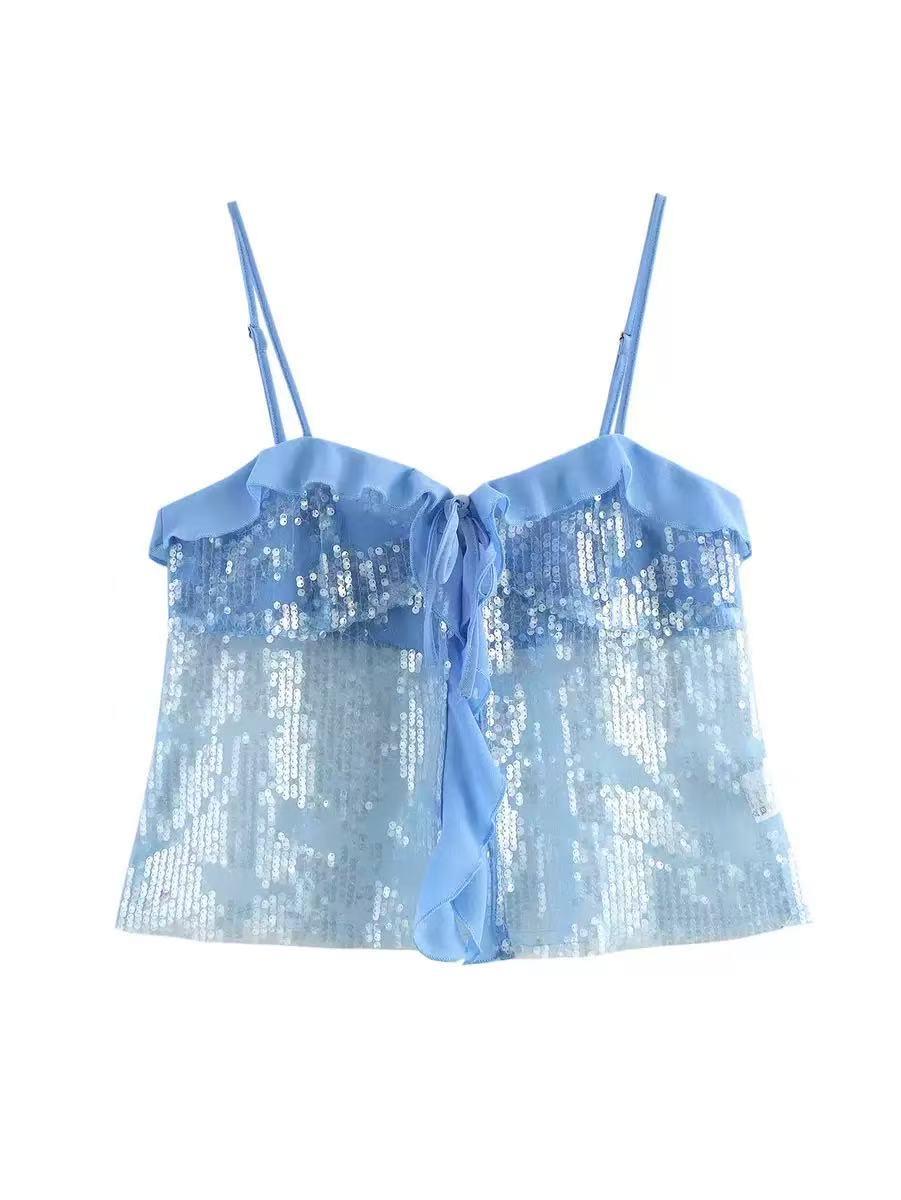 Spaghetti Strap Ruffle Cami Crop Sequins Top