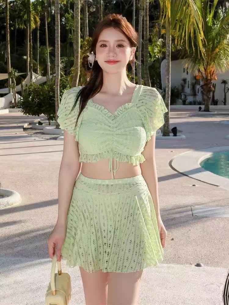 Crochet Flutter Sleeve Crop Top & Skater Skirt Set