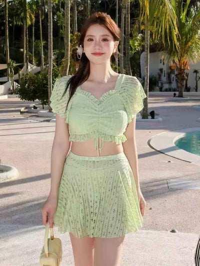Crochet Flutter Sleeve Crop Top & Skater Skirt Set