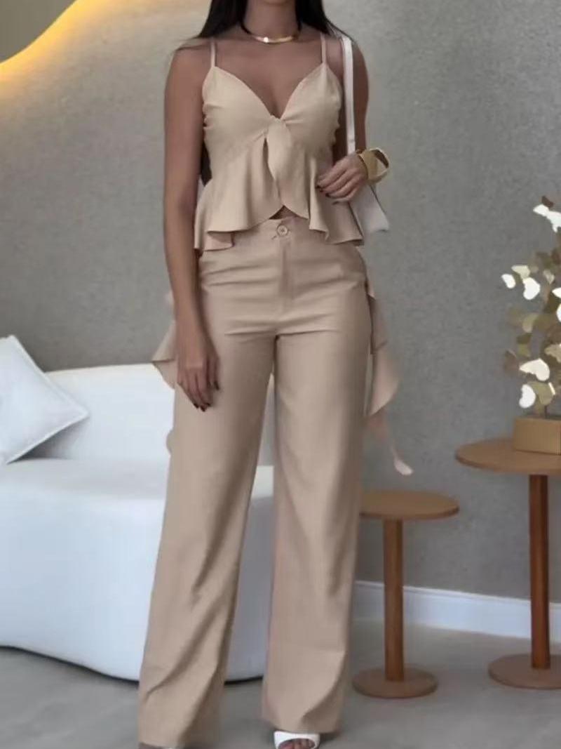 Asymmetric Ruffle Peplum Top & Wide Leg Pants Coord Set