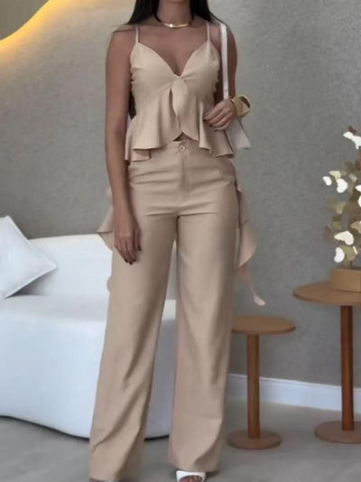 Asymmetric Ruffle Peplum Top & Wide Leg Pants Coord Set