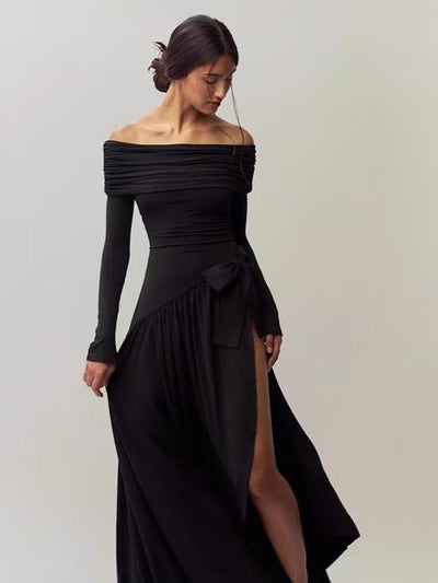 Off Shoulder Bow Applique Slit Maxi Dress