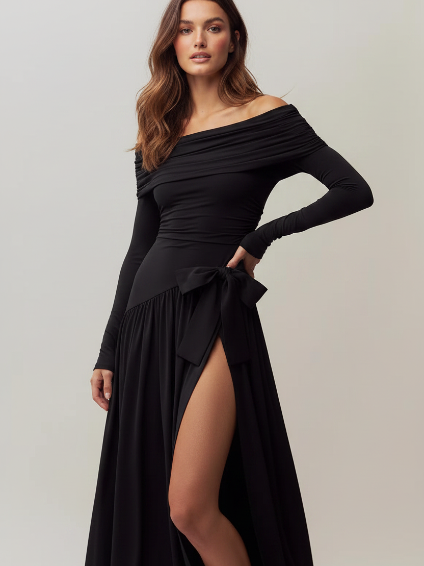 Off-shoulder bow-applique slit maxi dress EXCLUSIVES, black long-sleeve