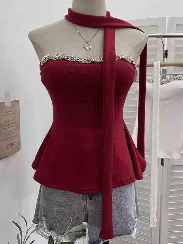Crystal Trim Halter Peplum Top