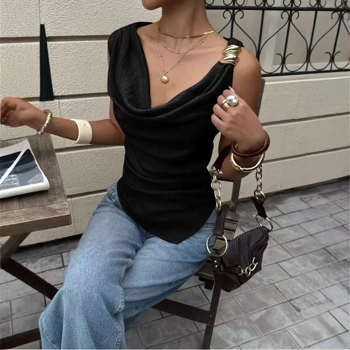 Shell Cowl Neck Top by EXCLUSIVES, black satin blouse with draped neckline