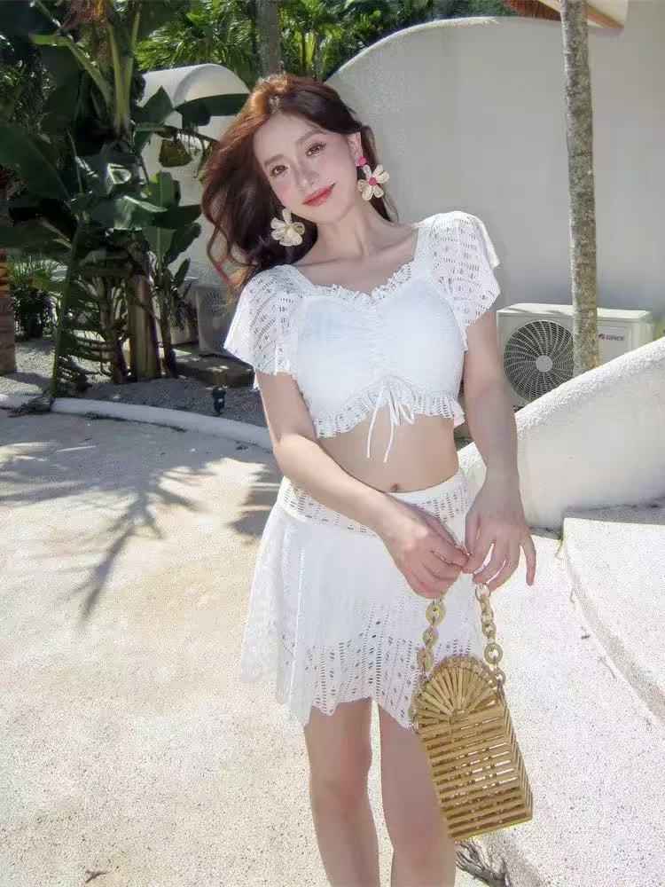 Crochet Flutter Sleeve Crop Top & Skater Skirt Set