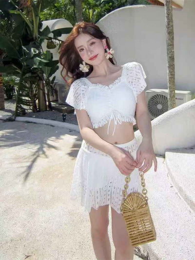 Crochet Flutter Sleeve Crop Top & Skater Skirt Set