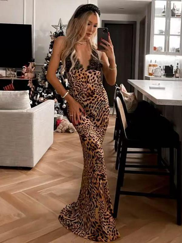 Animal Print V Neck Backless Maxi dress