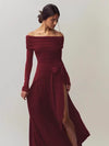 Off Shoulder Bow Applique Slit Maxi Dress