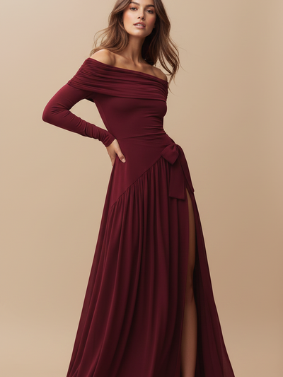 Off-Shoulder Bow Applique Slit Maxi Dress by EXCLUSIVES, burgundy, on sale