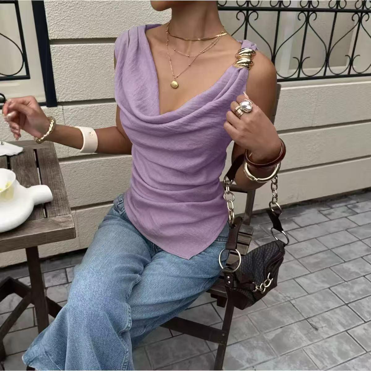 Shell Cowl Neck Top by EXCLUSIVES in lavender, sleeveless blouse with a draped neckline