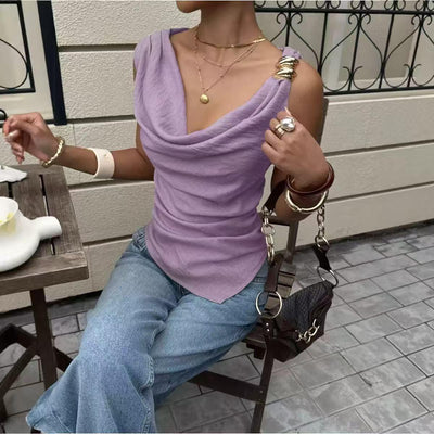 Shell Cowl Neck Top by EXCLUSIVES in lavender, sleeveless blouse with a draped neckline