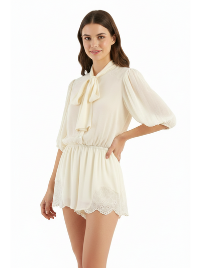 Poet Tie-Neck Chiffon Mini Dress from Exclusives in ivory with puff sleeves and scalloped lace hem
