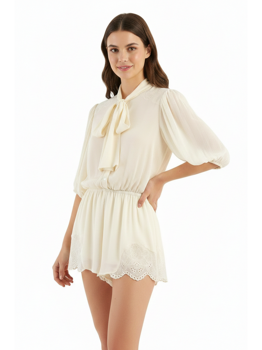 Poet Tie-Neck Chiffon Mini Dress from Exclusives in ivory with puff sleeves and scalloped lace hem