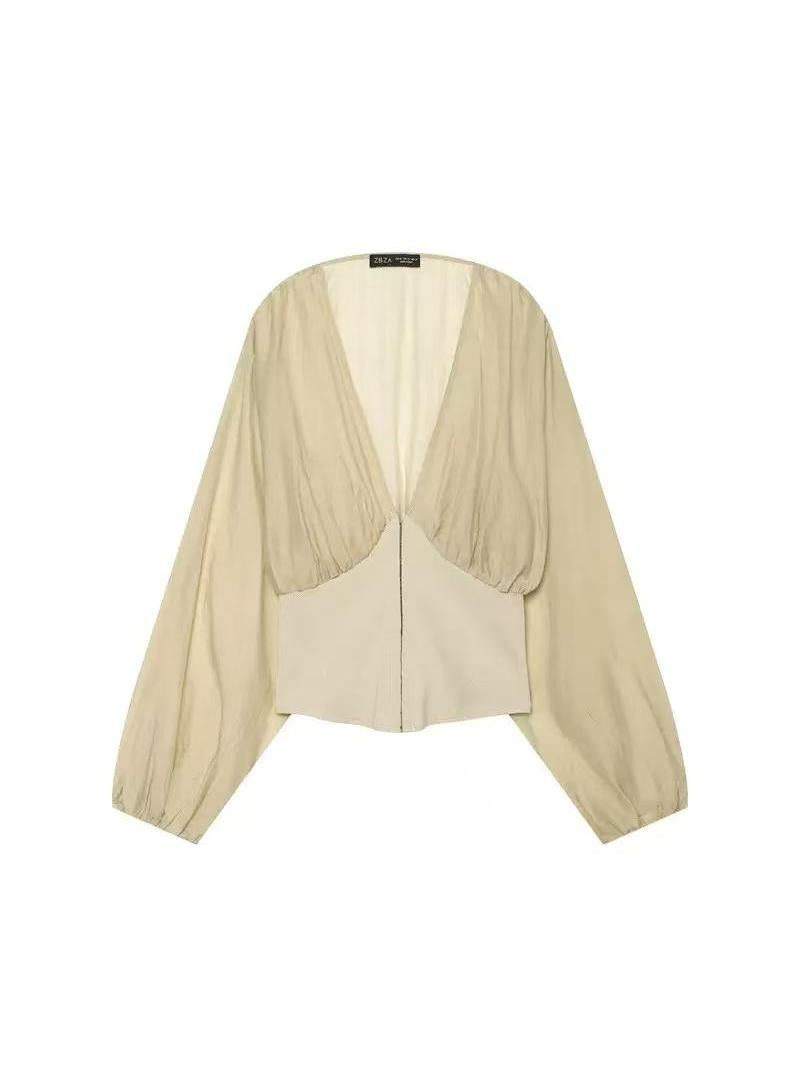 Plunge Neck Balloon Sleeve Top by EXCLUSIVES, beige blouse on sale.