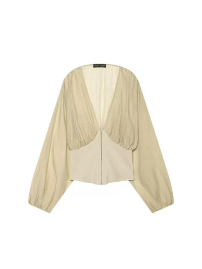 Plunge Neck Balloon Sleeve Top by EXCLUSIVES, beige blouse on sale.