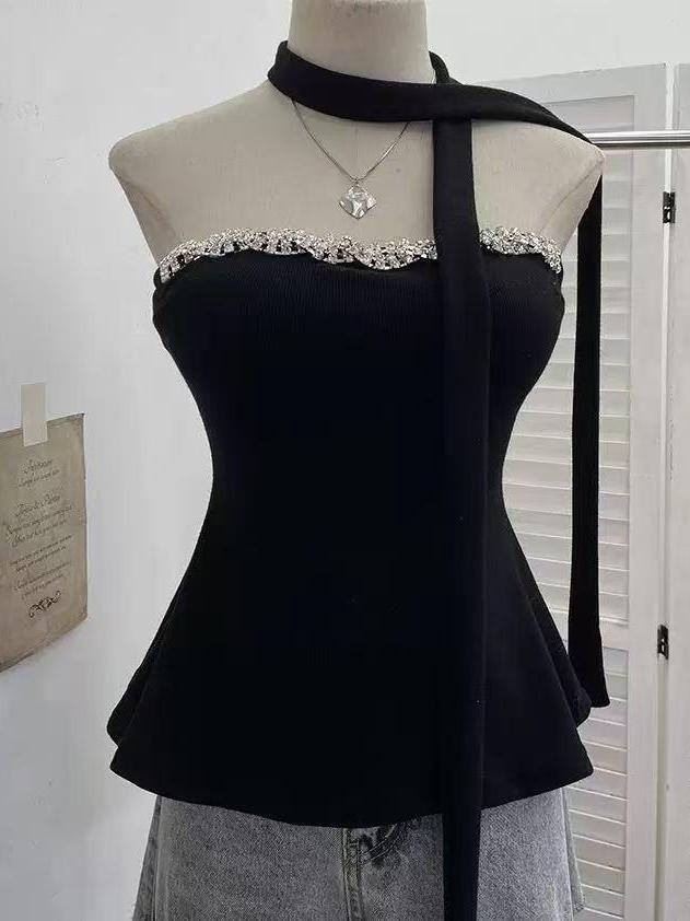Crystal Trim Halter Peplum Top in black blouse with crystal-embellished neckline