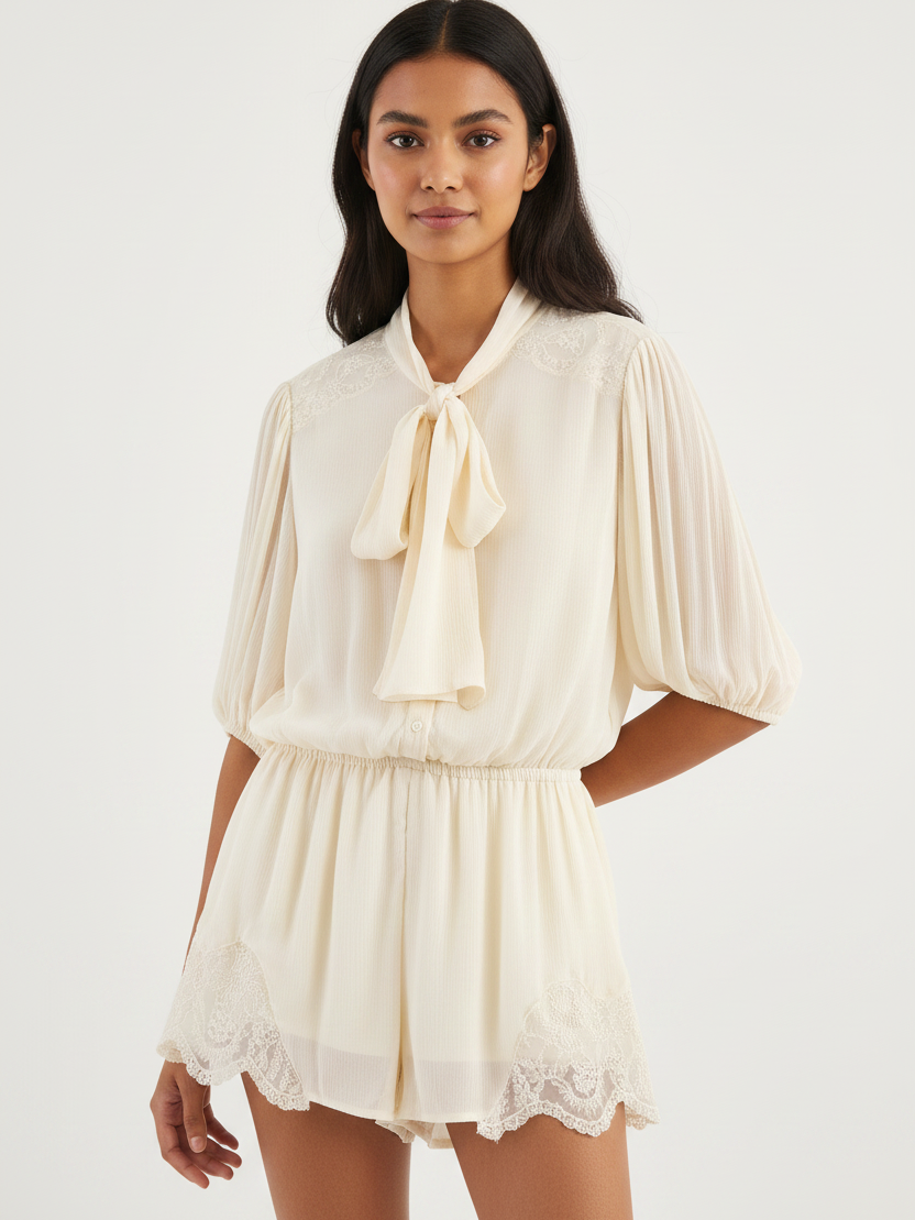Poet Tie-Neck Chiffon Mini Dress, ivory with lace trim, puff sleeves, elastic waist.