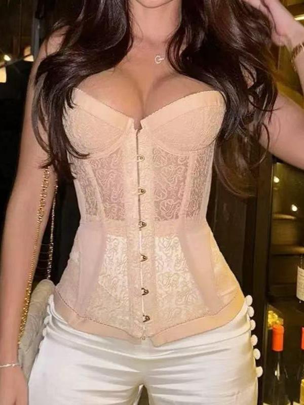 Nude lace strapless corset top with front busk hooks, floral panels, boned fit and cinched waist.