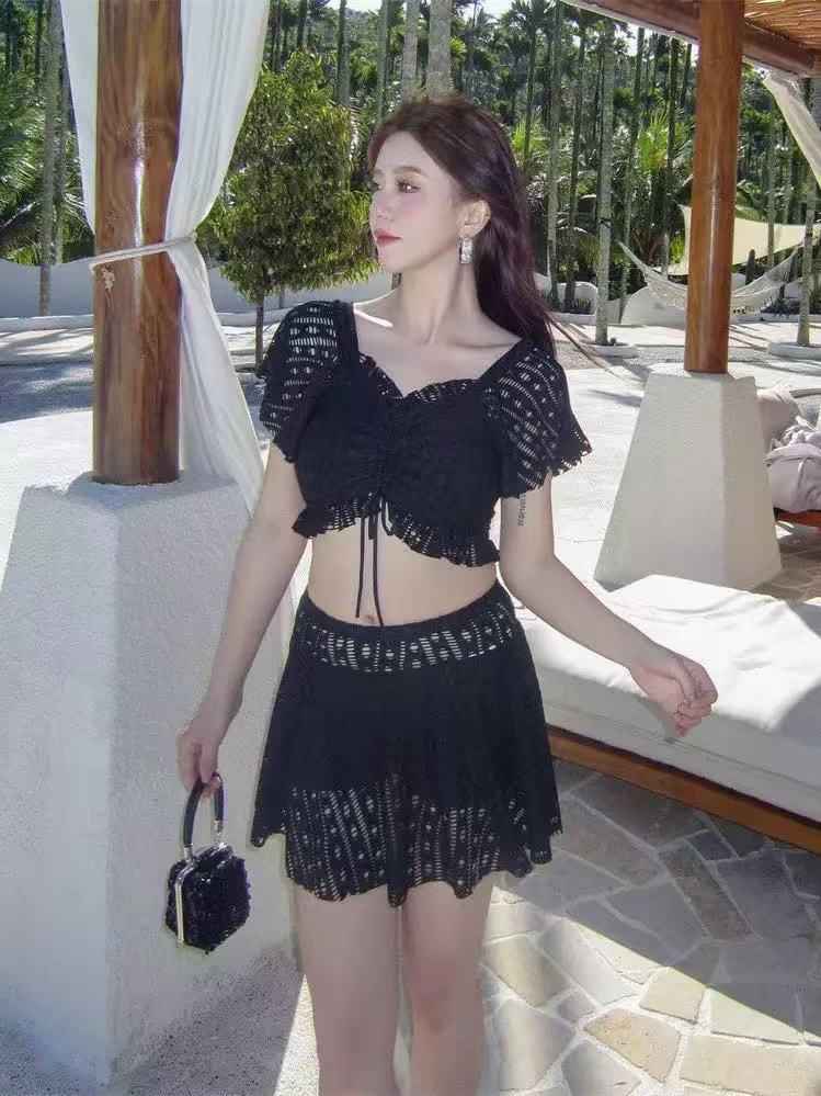 Crochet Flutter Sleeve Crop Top & Skater Skirt Set