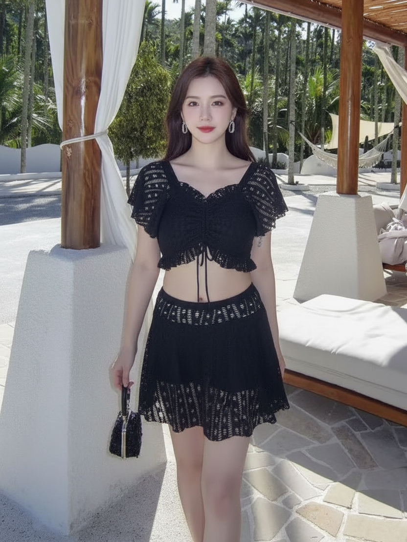 Crochet flutter sleeve crop top and skater skirt set, black knit outfit