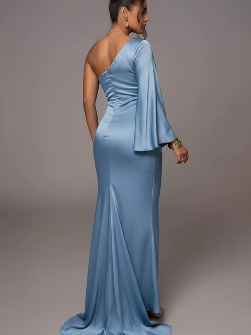 One Shoulder Satin Wide Sleeves Maxi Dress by Exclusives, light blue satin, on sale