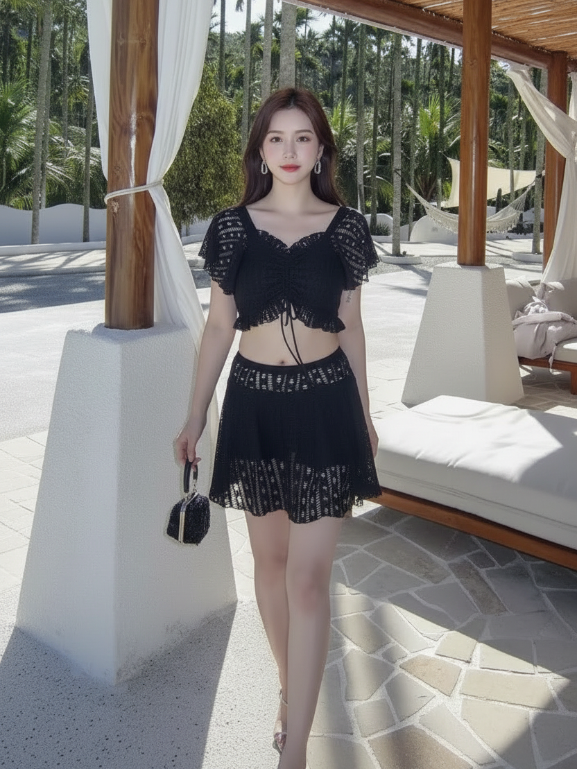 Crochet Flutter Sleeve Crop Top & Skater Skirt Set in black.