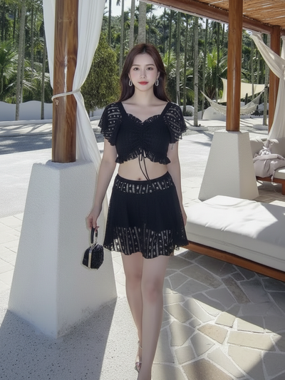 Crochet Flutter Sleeve Crop Top & Skater Skirt Set in black.