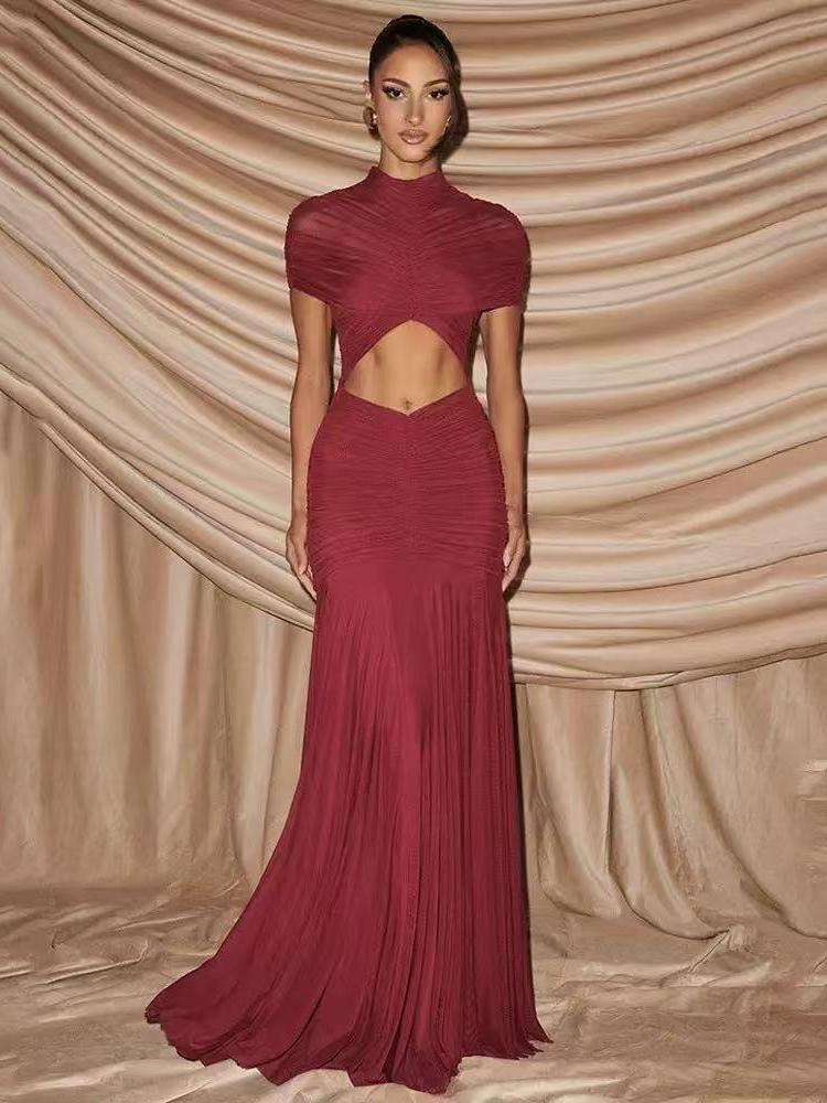 Twisted Cutout High-Neck Maxi Dress by Exclusives, wine red ruched fabric with waist cutout and floor-length skirt.