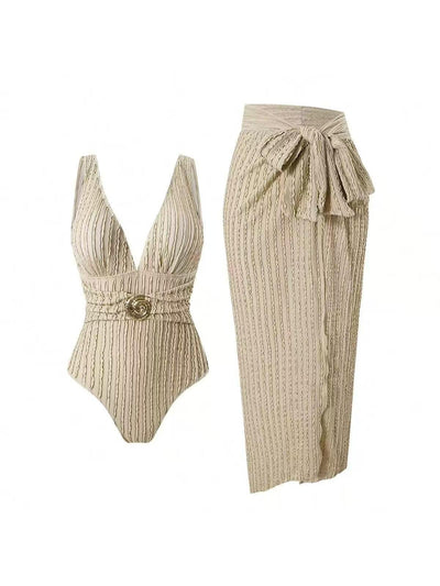 Textured Plunge Bikini & Wrap Sarong Skirt Swimsuit Set