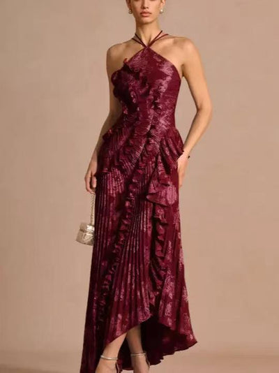 Elodie Pleated Ruffle Halter High-Low Printed Dress in burgundy by Exclusives