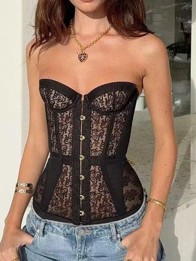 Strapless black lace corset top with scalloped edges, sheer panels, and gold front hook closures.