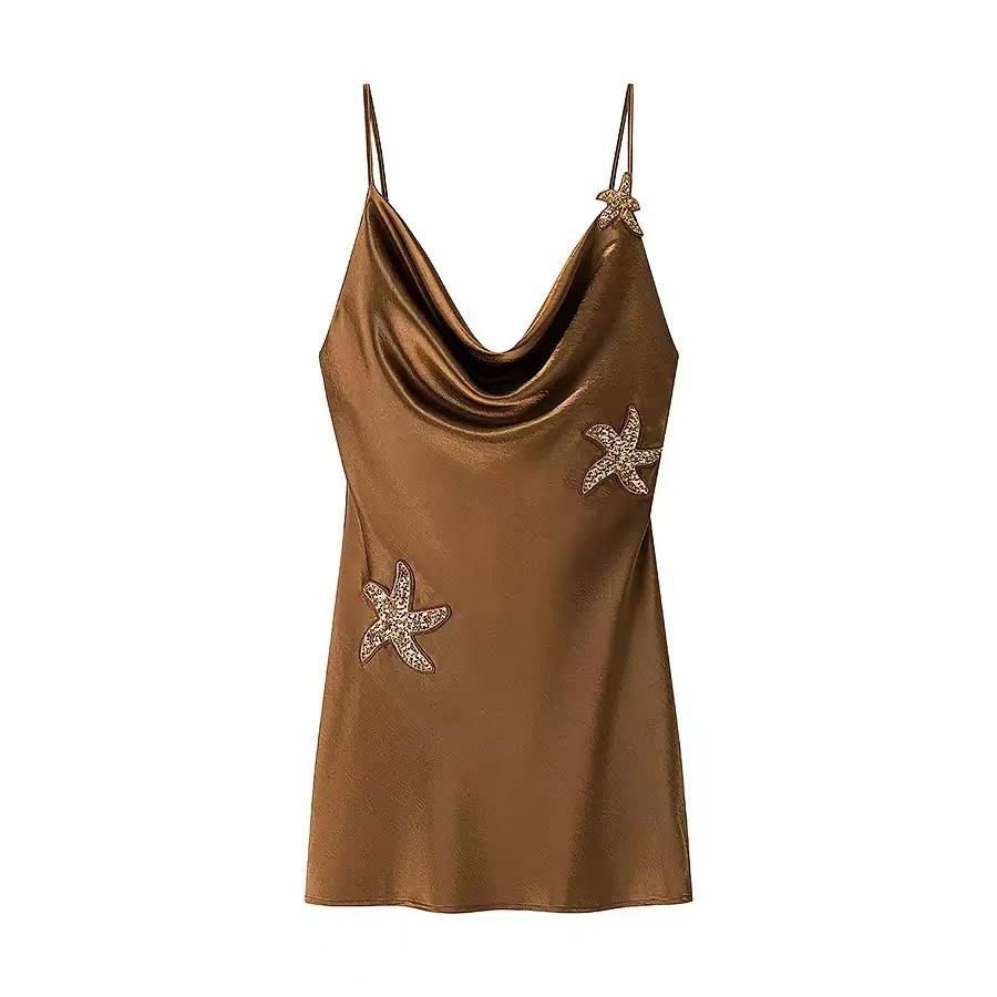 Marina Starfish Embellished Satin Mini Dress by EXCLUSIVES; bronze satin with starfish embellishments