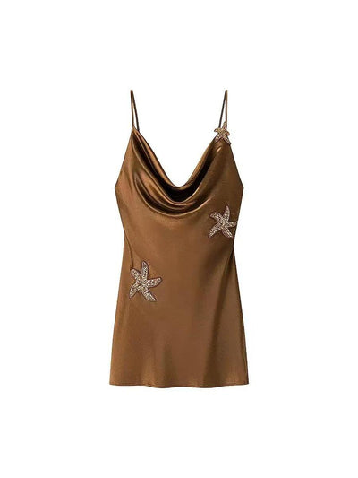 Marina Starfish Embellished Satin Mini Dress by EXCLUSIVES; bronze satin with starfish embellishments