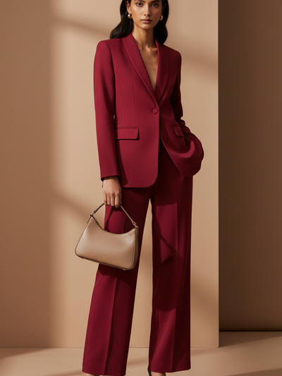 Long blazer and pant coord set in burgundy on sale; women's pant suit