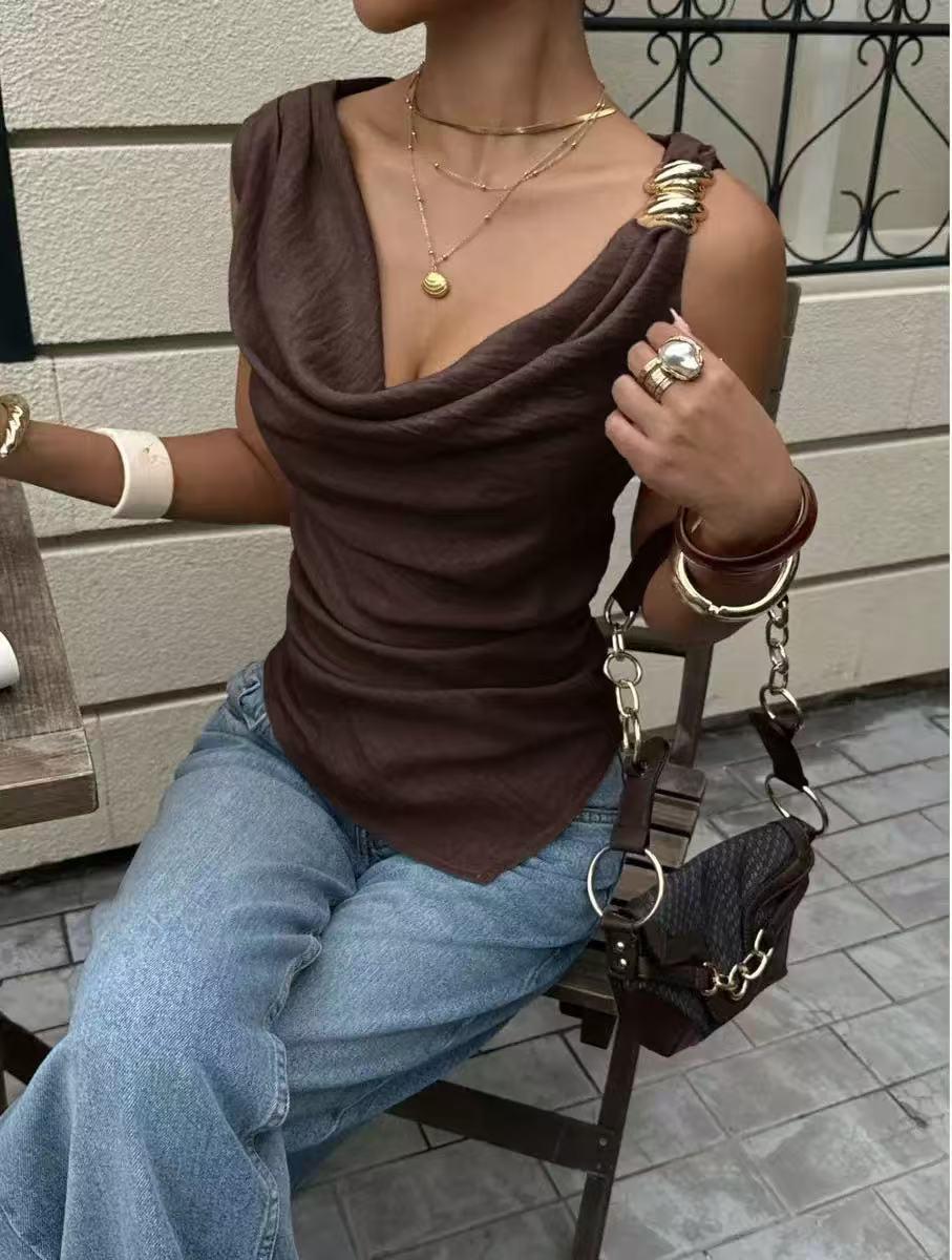 Shell Cowl Neck Top by EXCLUSIVES, brown blouse from Blouses on sale