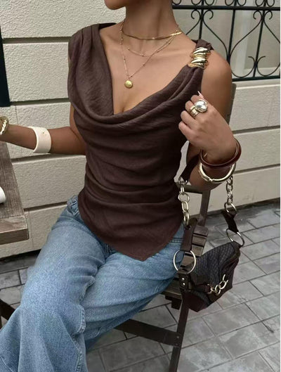 Shell Cowl Neck Top by EXCLUSIVES, brown blouse from Blouses on sale