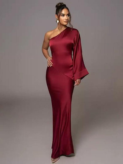 One Shoulder Satin Wide Sleeves Maxi Dress