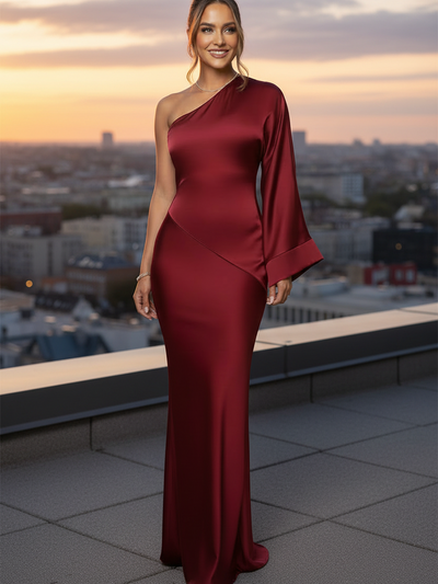 One-shoulder satin maxi dress by Exclusives in burgundy with a wide sleeve