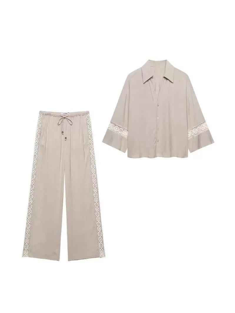 Exclusives Lace Trim Relaxed Shirt & Wide-Leg Pants Set, beige two-piece outfit with white lace trim