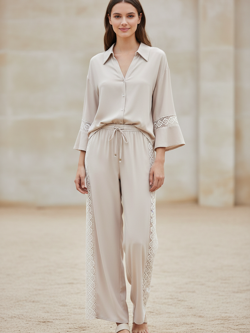 Exclusives lace-trim relaxed shirt & wide-leg pants two-piece outfit set in beige, on sale