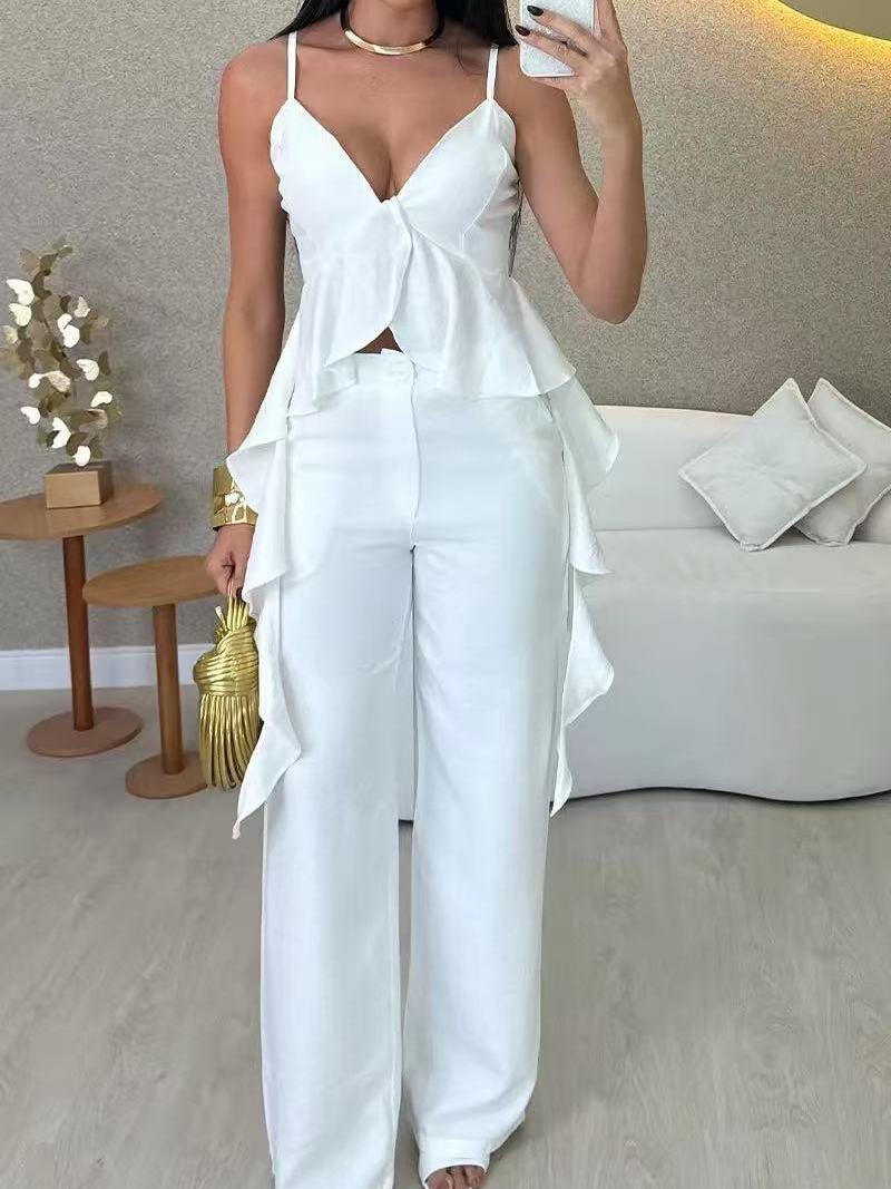 Asymmetric Ruffle Peplum Top & Wide Leg Pants Coord Set